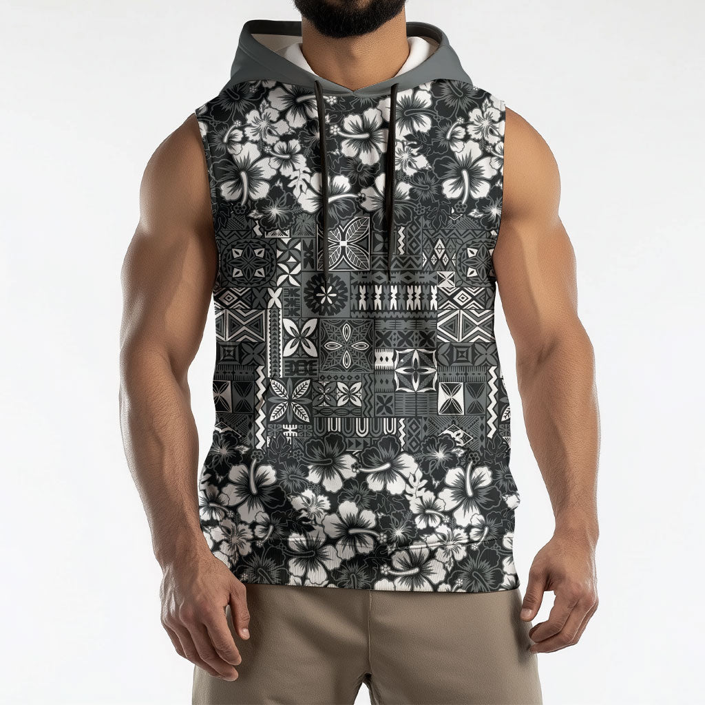 Black Hawaiian Tapa Tribal Hibiscus Sleeveless Hoodie LT9 - Polynesian Pride