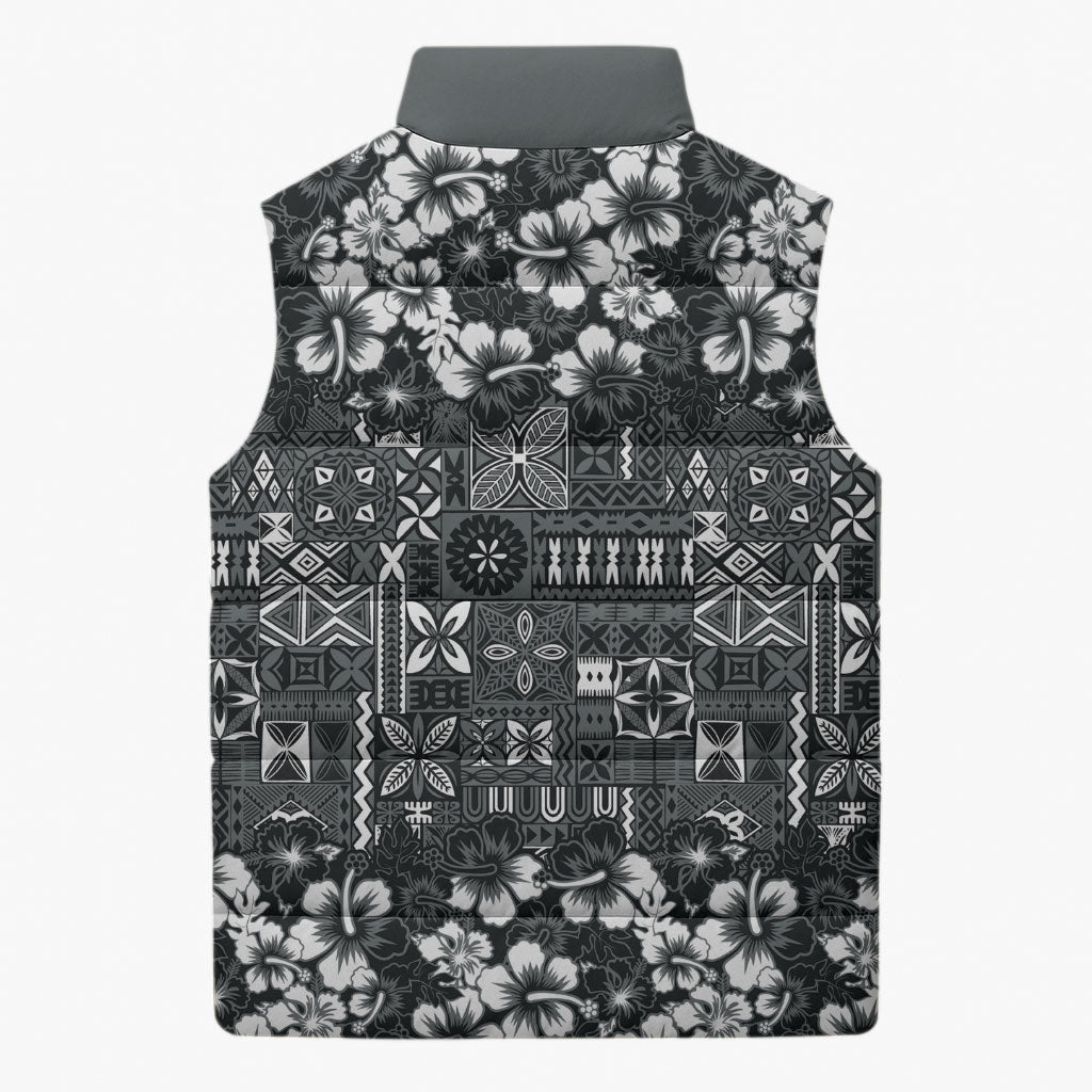 Black Hawaiian Tapa Tribal Hibiscus Sleeveless Puffer Jacket LT9 - Polynesian Pride