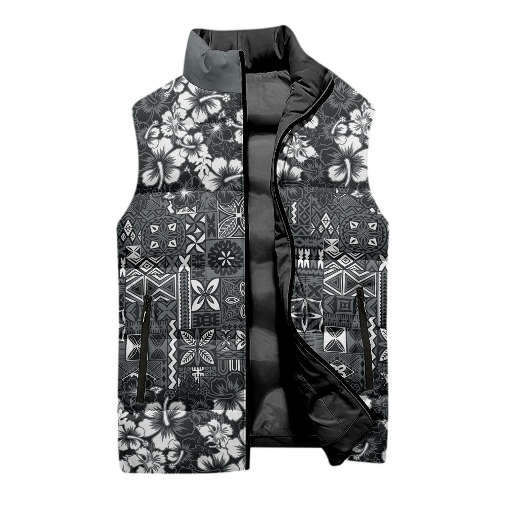 Black Hawaiian Tapa Tribal Hibiscus Sleeveless Puffer Jacket LT9 - Polynesian Pride