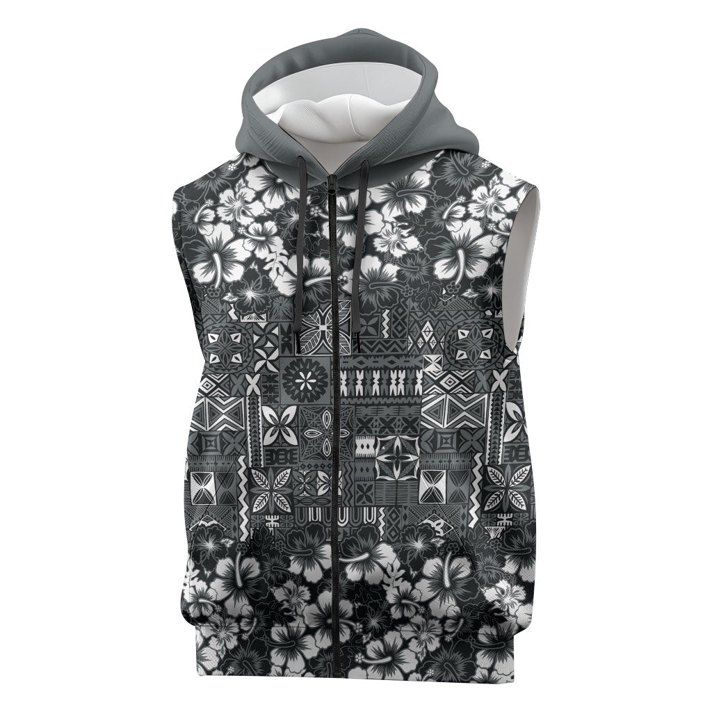 Black Hawaiian Tapa Tribal Hibiscus Sleeveless Zip Hoodie LT9 Black - Polynesian Pride