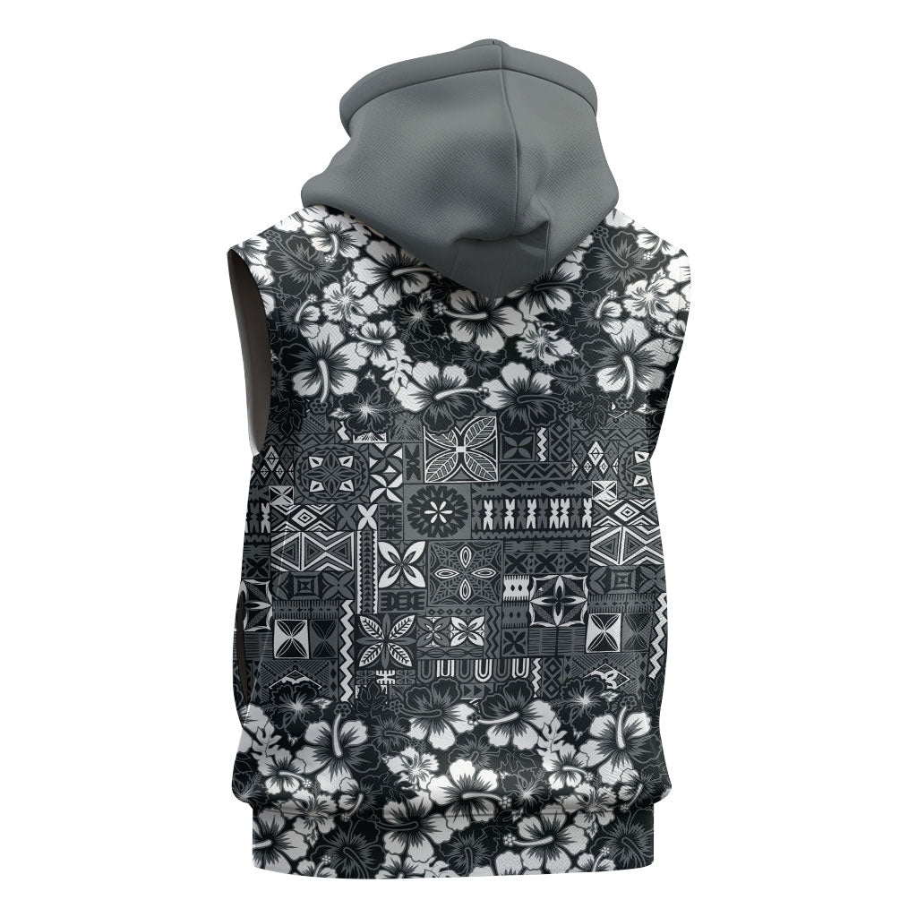 Black Hawaiian Tapa Tribal Hibiscus Sleeveless Zip Hoodie LT9 - Polynesian Pride