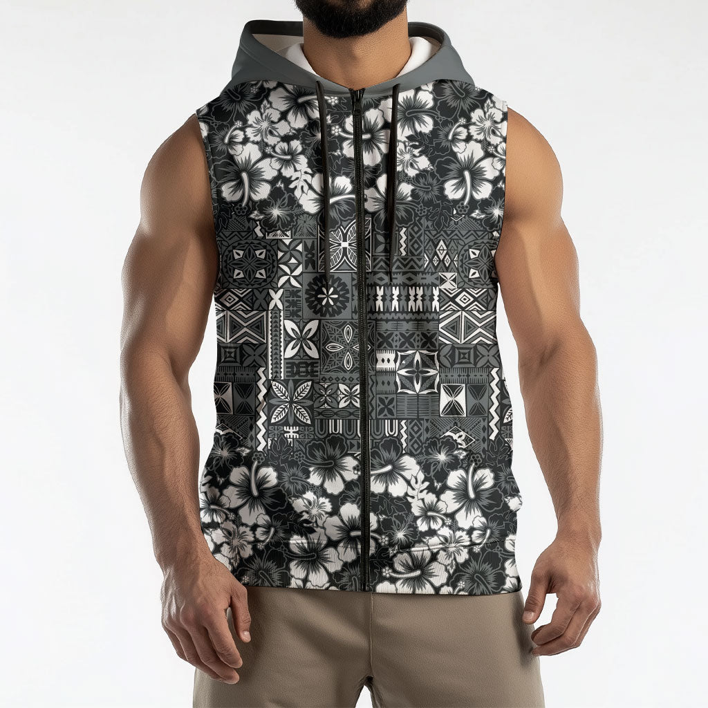 Black Hawaiian Tapa Tribal Hibiscus Sleeveless Zip Hoodie LT9 - Polynesian Pride