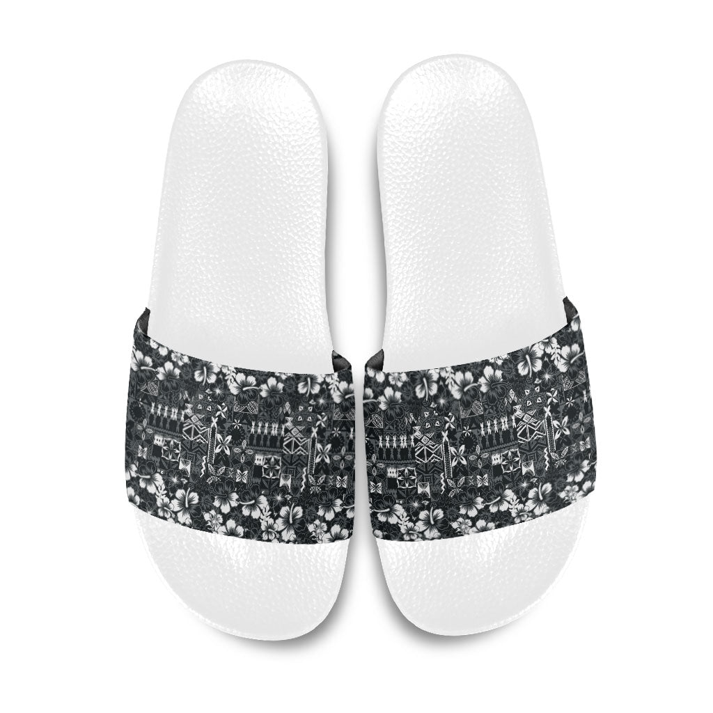 Black Hawaiian Tapa Tribal Hibiscus Slide Sandals LT9 Black - Polynesian Pride