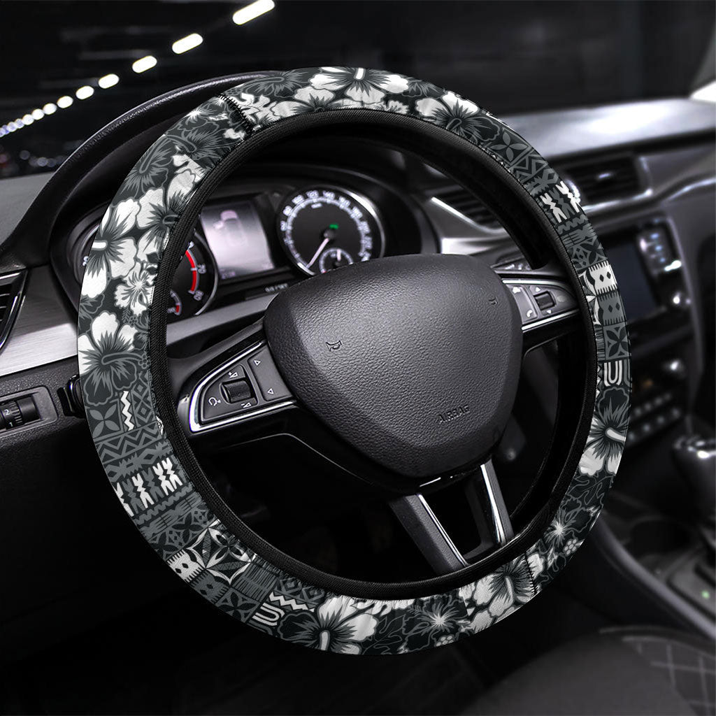 Black Hawaiian Tapa Tribal Hibiscus Steering Wheel Cover LT9 Universal Fit Black - Polynesian Pride