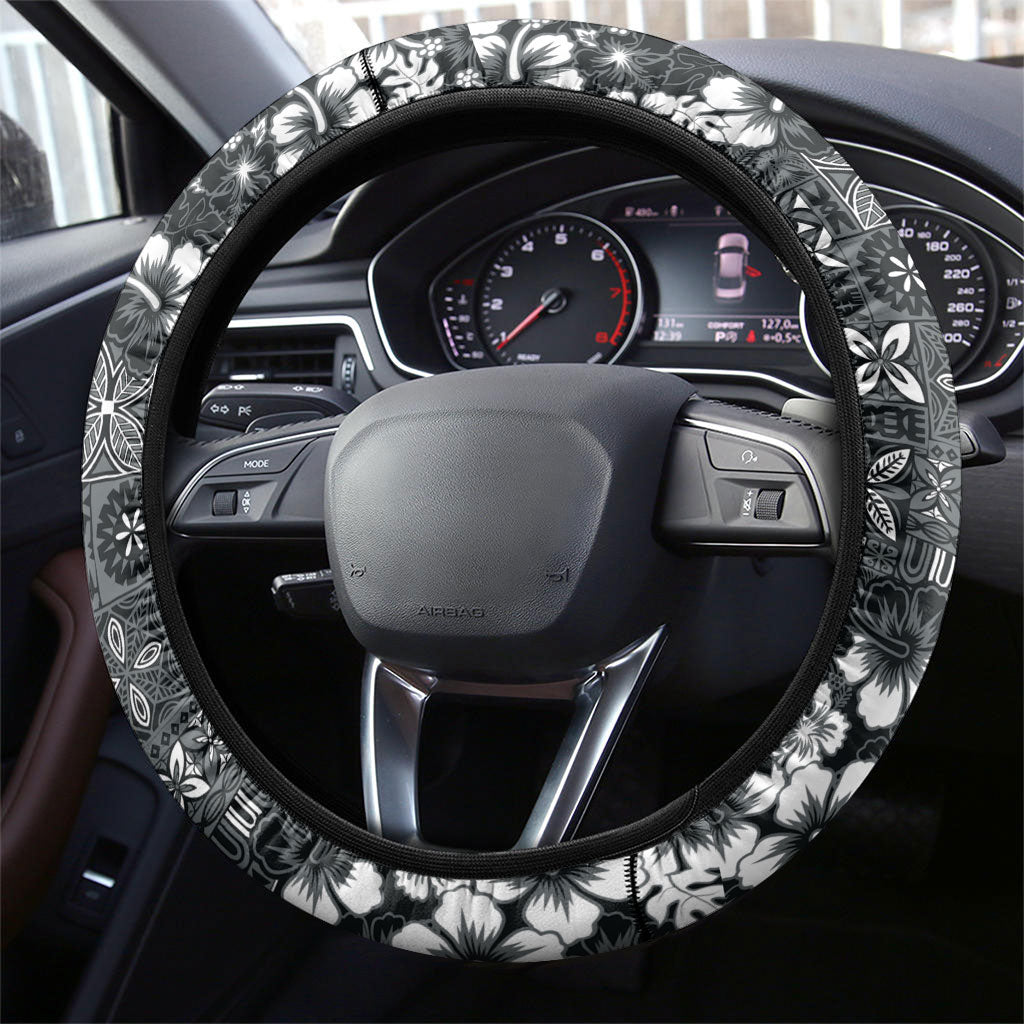 Black Hawaiian Tapa Tribal Hibiscus Steering Wheel Cover LT9 - Polynesian Pride