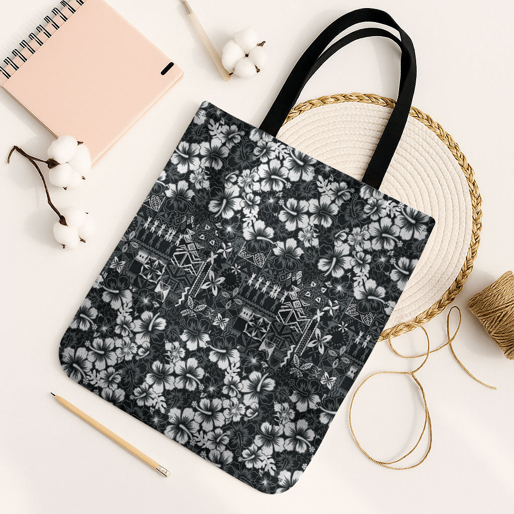 Black Hawaiian Tapa Tribal Hibiscus Tote Bag LT9 Black Strap One Size Black - Polynesian Pride