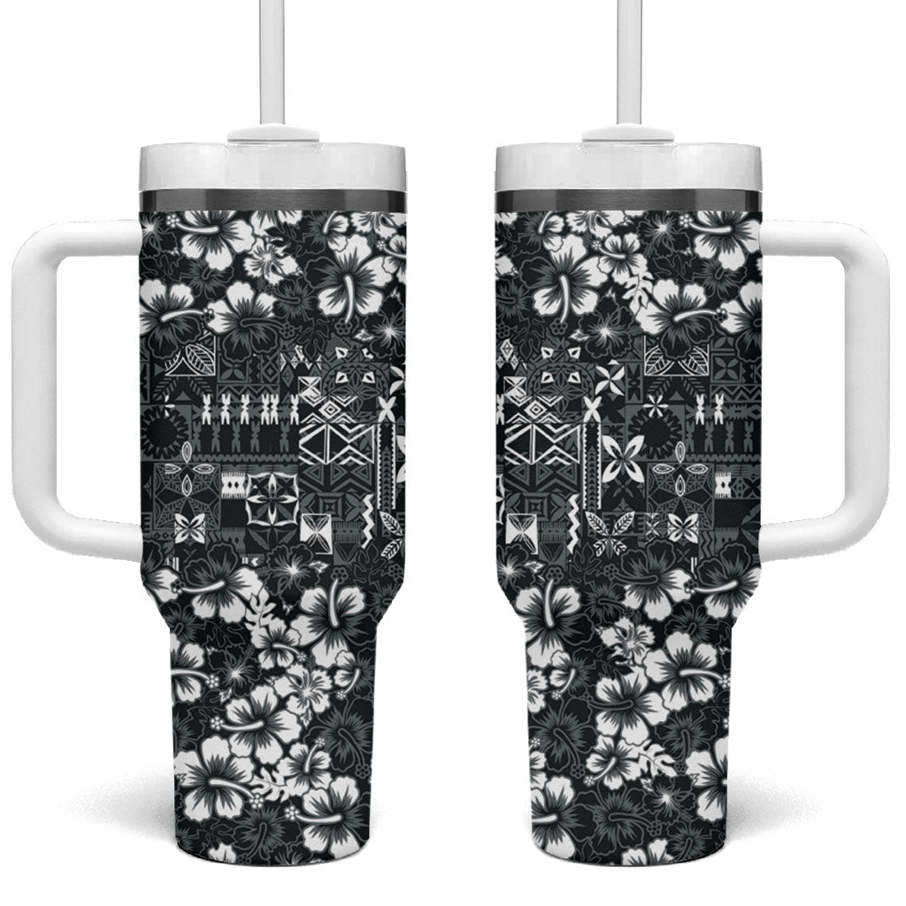 Black Hawaiian Tapa Tribal Hibiscus Tumbler With Handle LT9 One Size: 40 oz Black - Polynesian Pride