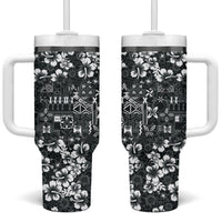 Black Hawaiian Tapa Tribal Hibiscus Tumbler With Handle LT9 One Size: 40 oz Black - Polynesian Pride