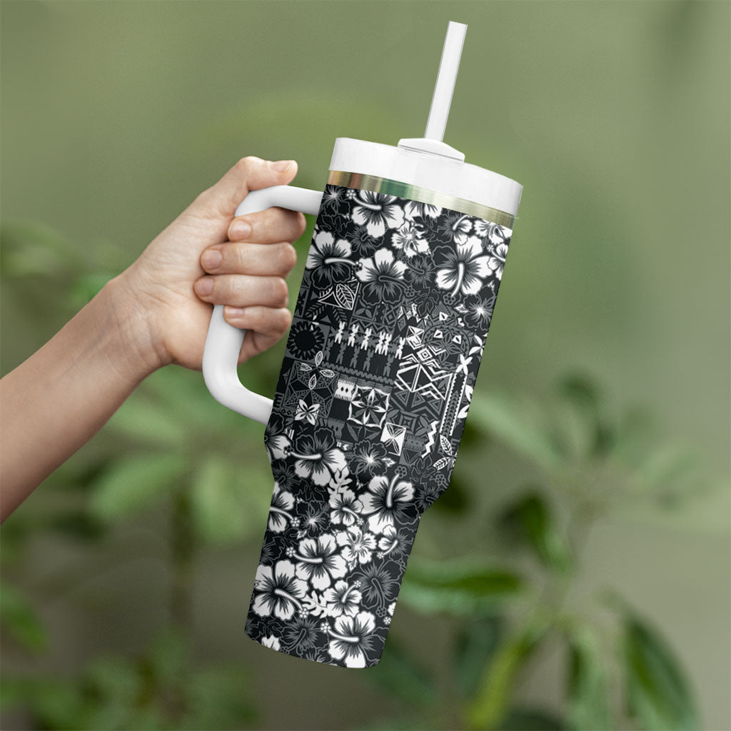 Black Hawaiian Tapa Tribal Hibiscus Tumbler With Handle LT9 - Polynesian Pride