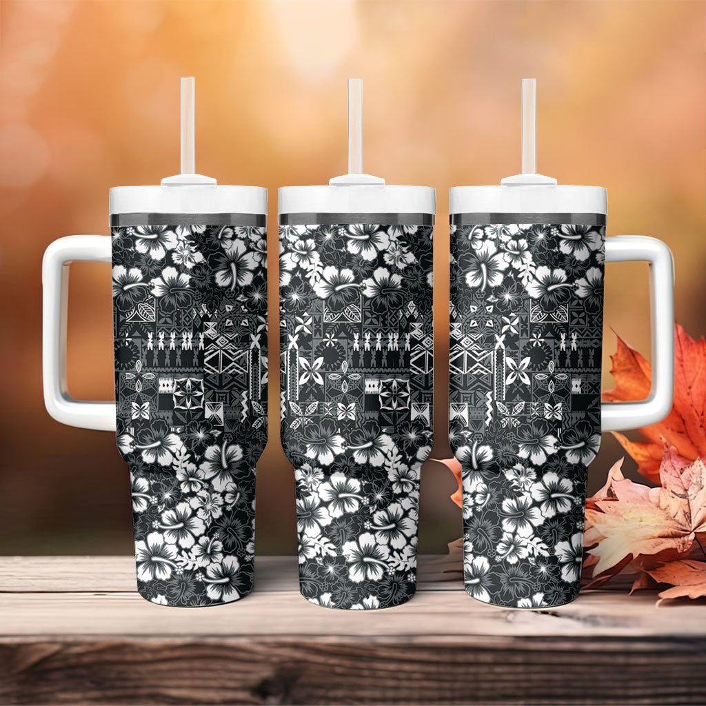 Black Hawaiian Tapa Tribal Hibiscus Tumbler With Handle LT9 - Polynesian Pride