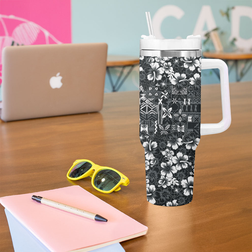 Black Hawaiian Tapa Tribal Hibiscus Tumbler With Handle LT9 - Polynesian Pride