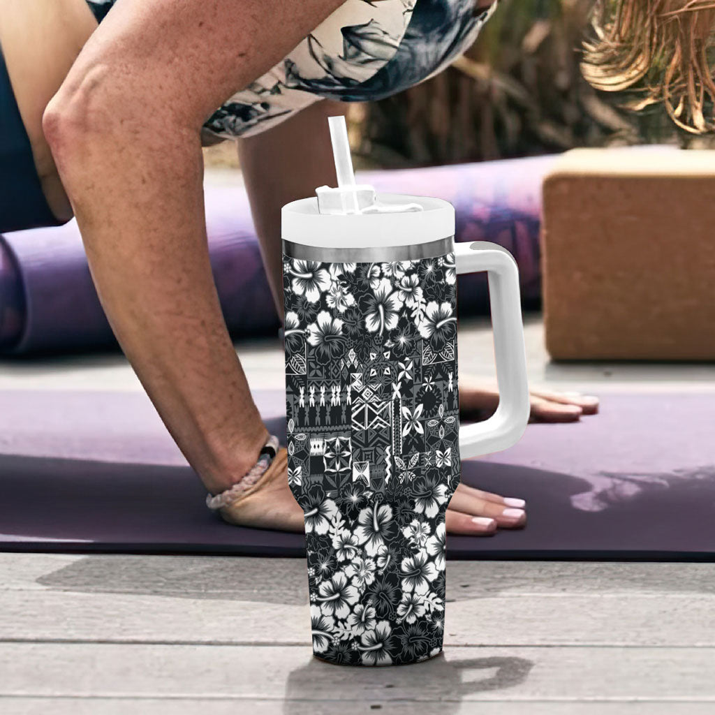 Black Hawaiian Tapa Tribal Hibiscus Tumbler With Handle LT9 - Polynesian Pride