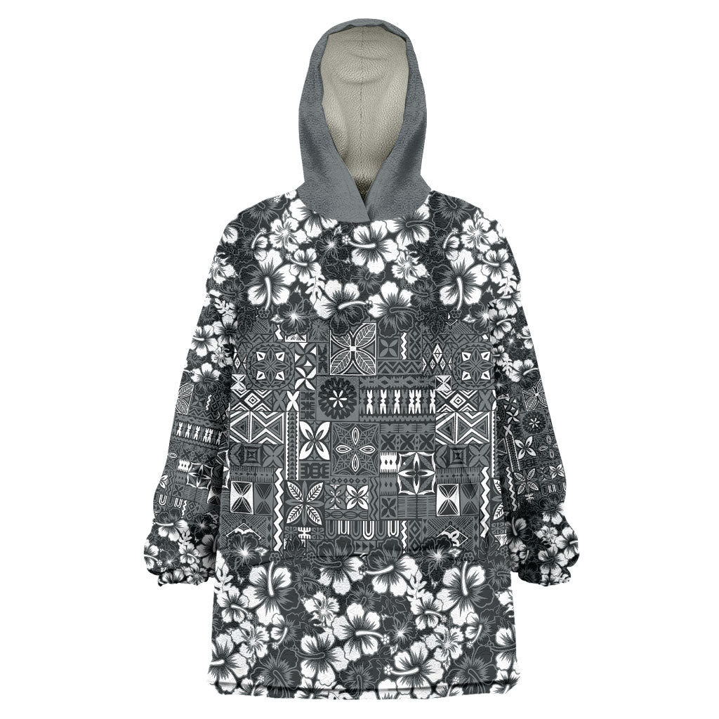 Black Hawaiian Tapa Tribal Hibiscus Wearable Blanket Hoodie LT9 One Size Black - Polynesian Pride