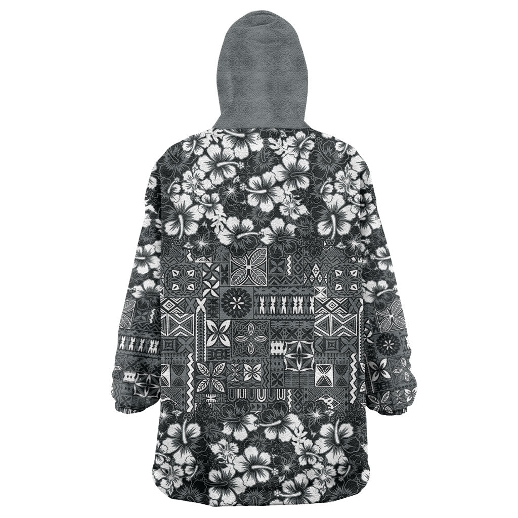Black Hawaiian Tapa Tribal Hibiscus Wearable Blanket Hoodie LT9 - Polynesian Pride