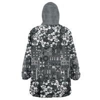 Black Hawaiian Tapa Tribal Hibiscus Wearable Blanket Hoodie LT9 - Polynesian Pride