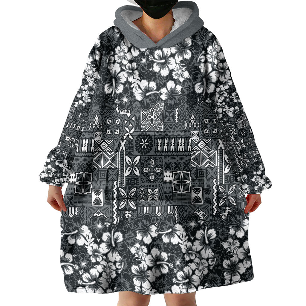 Black Hawaiian Tapa Tribal Hibiscus Wearable Blanket Hoodie LT9 - Polynesian Pride