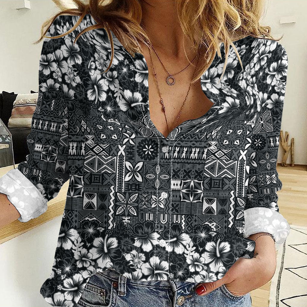 Black Hawaiian Tapa Tribal Hibiscus Women Casual Shirt LT9 Female Black - Polynesian Pride