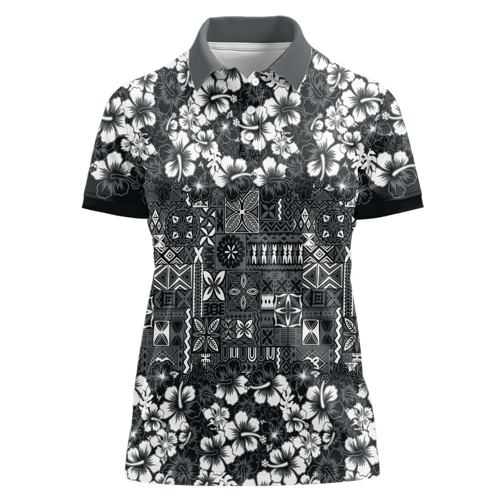 Black Hawaiian Tapa Tribal Hibiscus Women Polo Shirt LT9 Female Black - Polynesian Pride