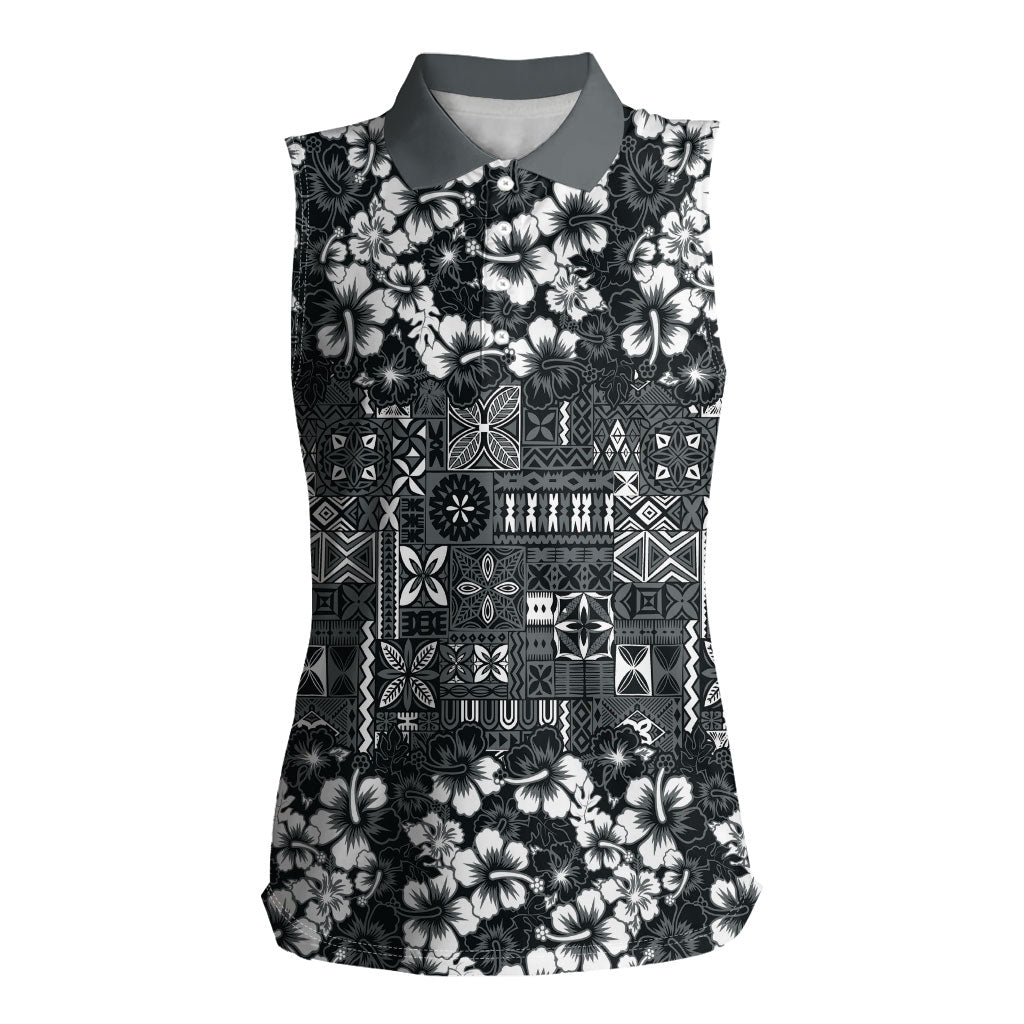Black Hawaiian Tapa Tribal Hibiscus Women Sleeveless Polo Shirt LT9 Female Black - Polynesian Pride
