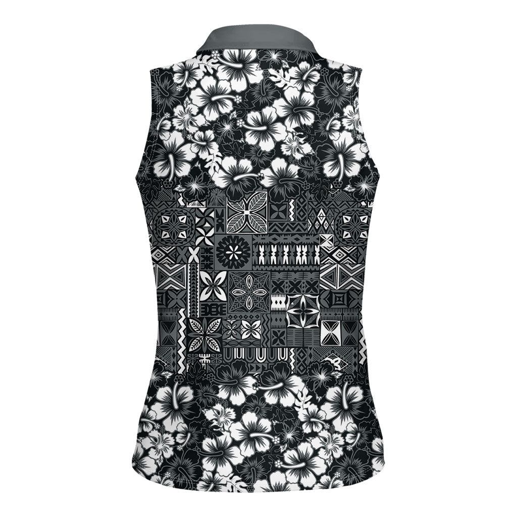 Black Hawaiian Tapa Tribal Hibiscus Women Sleeveless Polo Shirt LT9 - Polynesian Pride