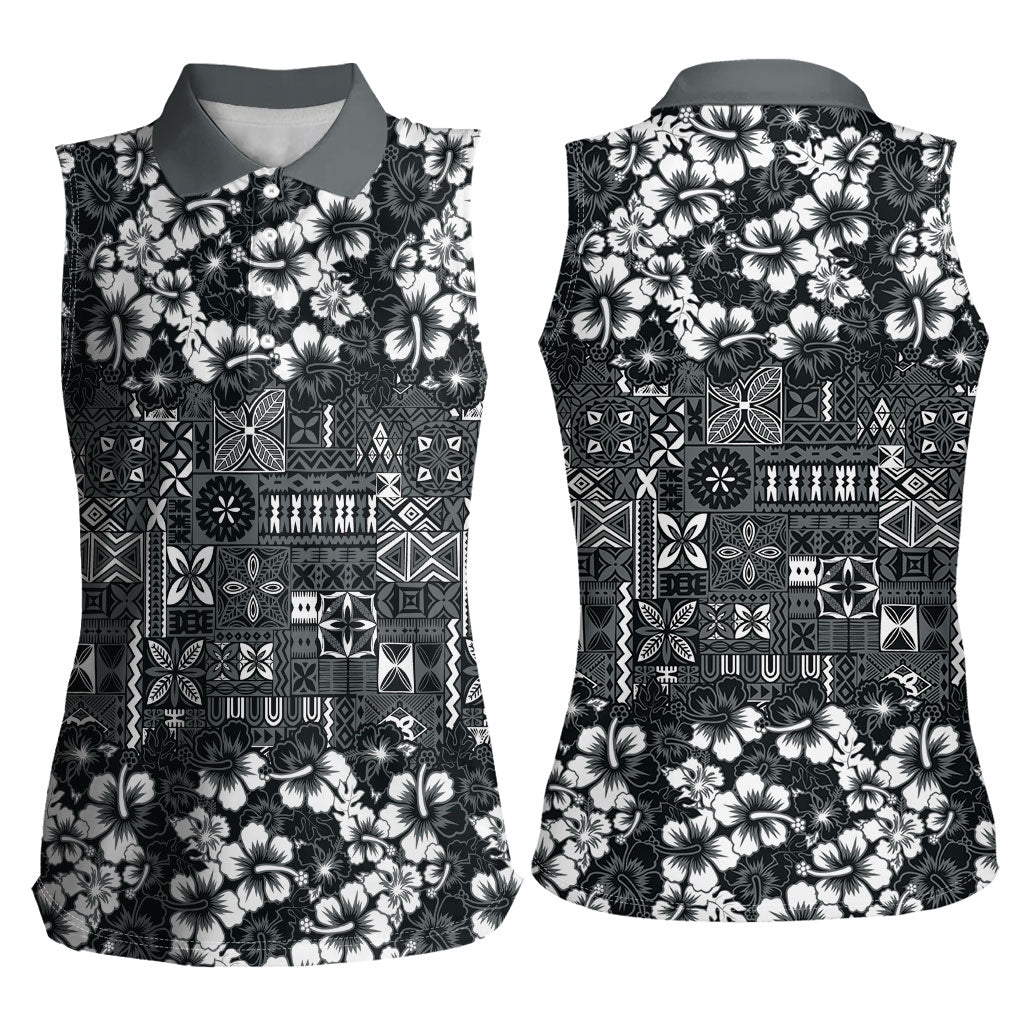 Black Hawaiian Tapa Tribal Hibiscus Women Sleeveless Polo Shirt LT9 - Polynesian Pride