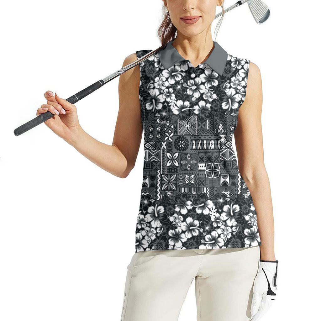 Black Hawaiian Tapa Tribal Hibiscus Women Sleeveless Polo Shirt LT9 - Polynesian Pride