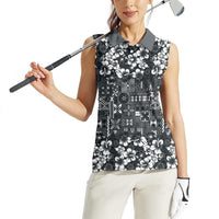 Black Hawaiian Tapa Tribal Hibiscus Women Sleeveless Polo Shirt LT9 - Polynesian Pride