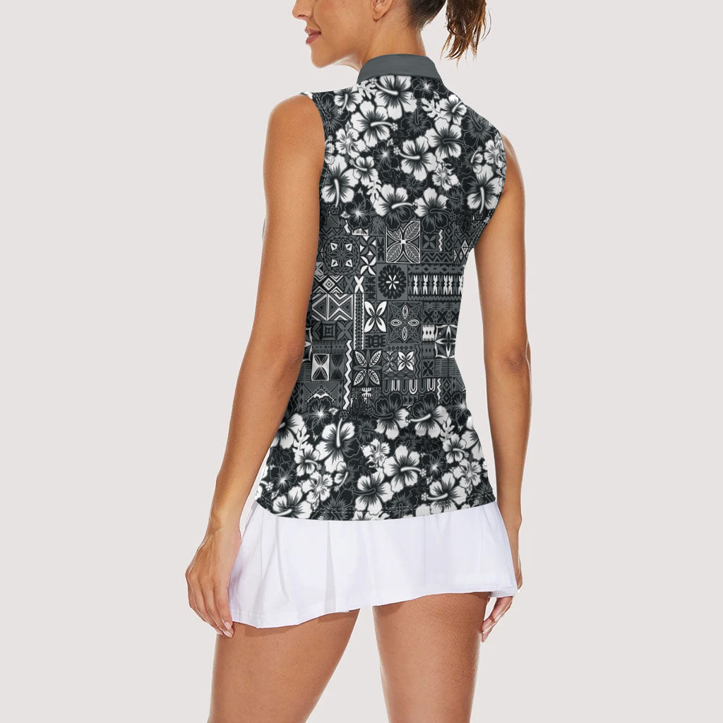 Black Hawaiian Tapa Tribal Hibiscus Women Sleeveless Polo Shirt LT9 - Polynesian Pride