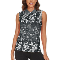 Black Hawaiian Tapa Tribal Hibiscus Women Sleeveless Polo Shirt LT9 - Polynesian Pride