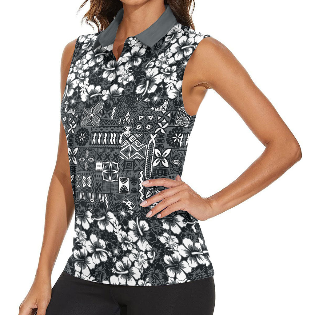 Black Hawaiian Tapa Tribal Hibiscus Women Sleeveless Polo Shirt LT9 - Polynesian Pride