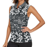 Black Hawaiian Tapa Tribal Hibiscus Women Sleeveless Polo Shirt LT9 - Polynesian Pride