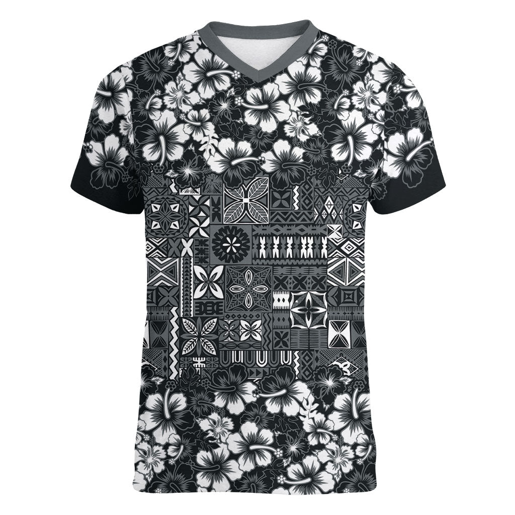 Black Hawaiian Tapa Tribal Hibiscus Women V-Neck T-Shirt LT9 Female Black - Polynesian Pride