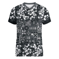 Black Hawaiian Tapa Tribal Hibiscus Women V-Neck T-Shirt LT9 Female Black - Polynesian Pride