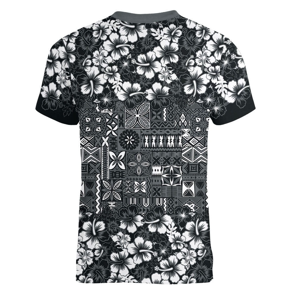 Black Hawaiian Tapa Tribal Hibiscus Women V-Neck T-Shirt LT9 - Polynesian Pride