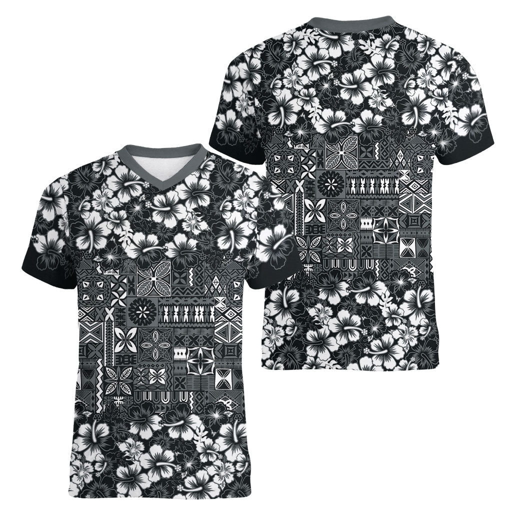Black Hawaiian Tapa Tribal Hibiscus Women V-Neck T-Shirt LT9 - Polynesian Pride