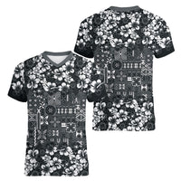 Black Hawaiian Tapa Tribal Hibiscus Women V-Neck T-Shirt LT9 - Polynesian Pride