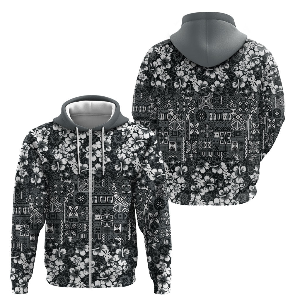 Black Hawaiian Tapa Tribal Hibiscus Zip Hoodie LT9 - Polynesian Pride