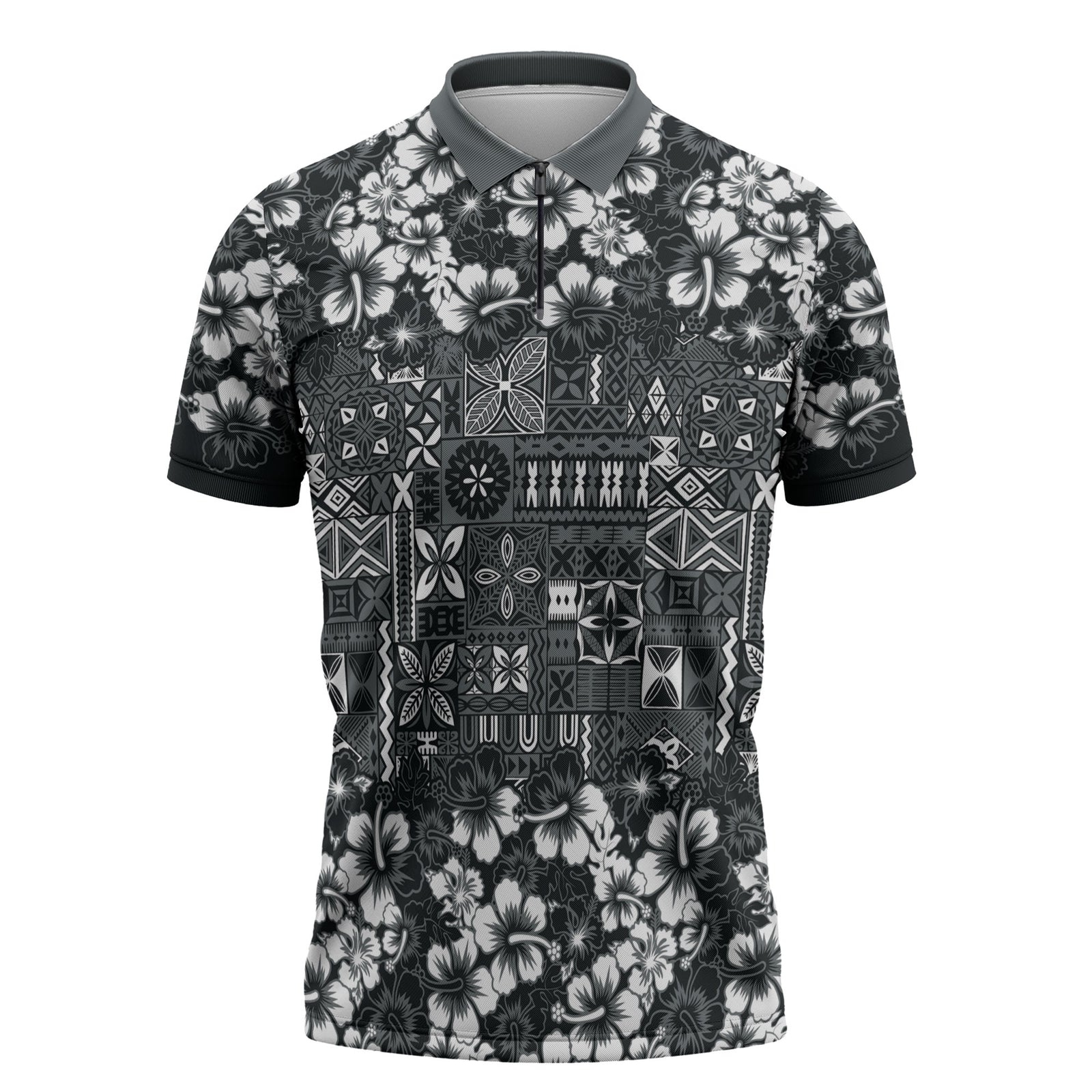 Black Hawaiian Tapa Tribal Hibiscus Zipper Polo Shirt LT9 Black - Polynesian Pride
