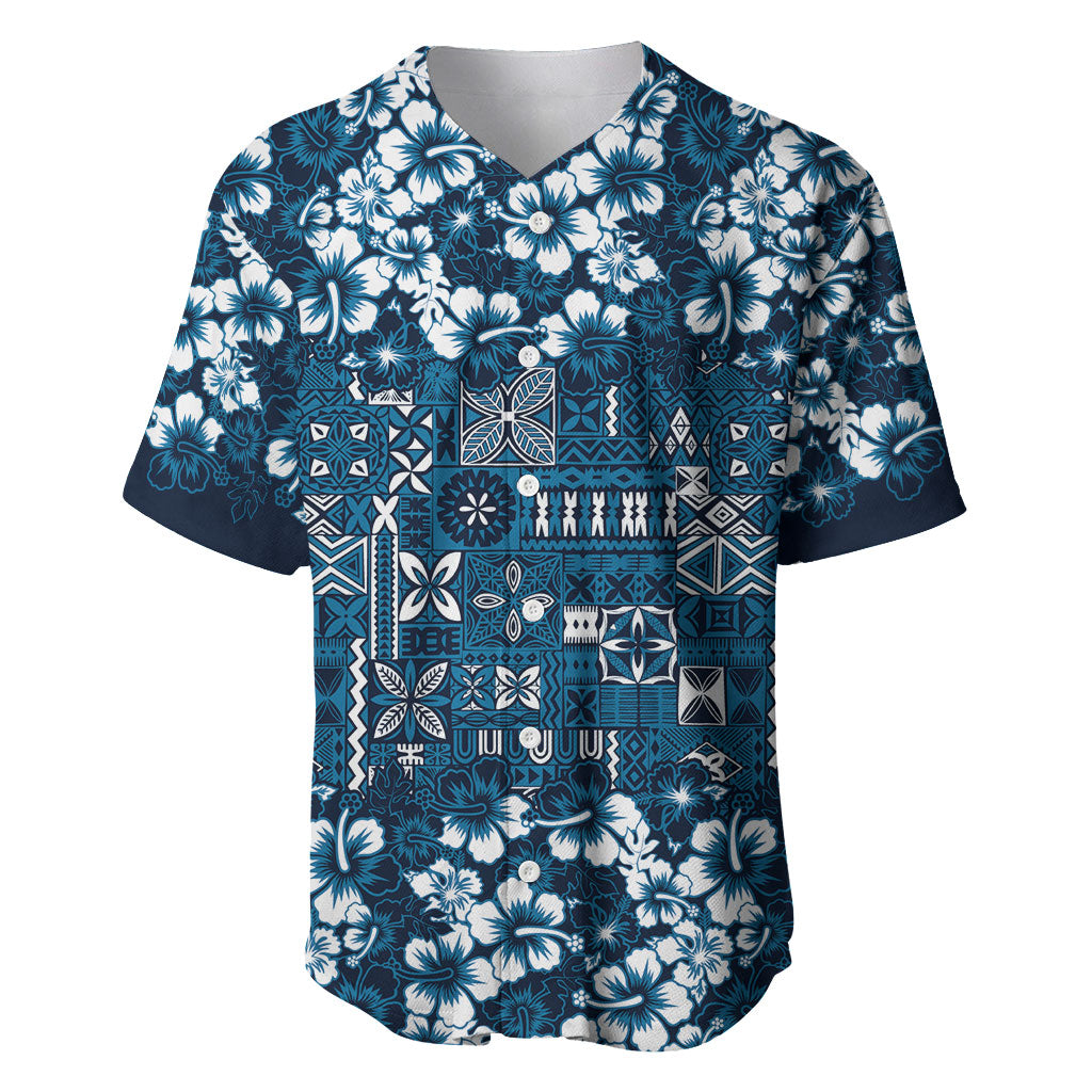 Blue Hawaiian Tapa Tribal Hibiscus Baseball Jersey LT9 Blue - Polynesian Pride