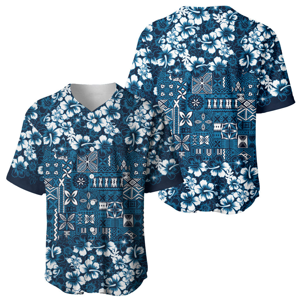 Blue Hawaiian Tapa Tribal Hibiscus Baseball Jersey LT9 - Polynesian Pride