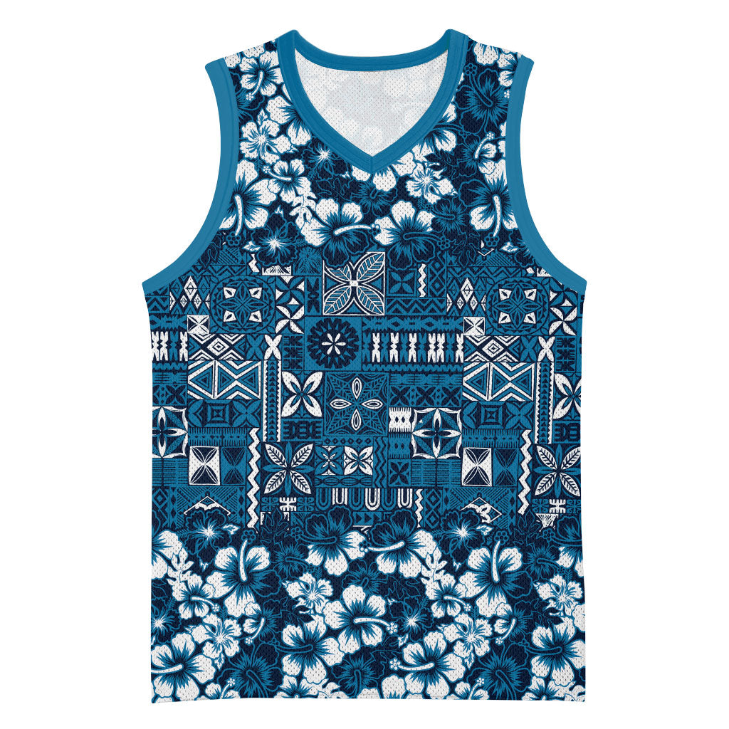 Blue Hawaiian Tapa Tribal Hibiscus Basketball Jersey LT9 Unisex Blue - Polynesian Pride
