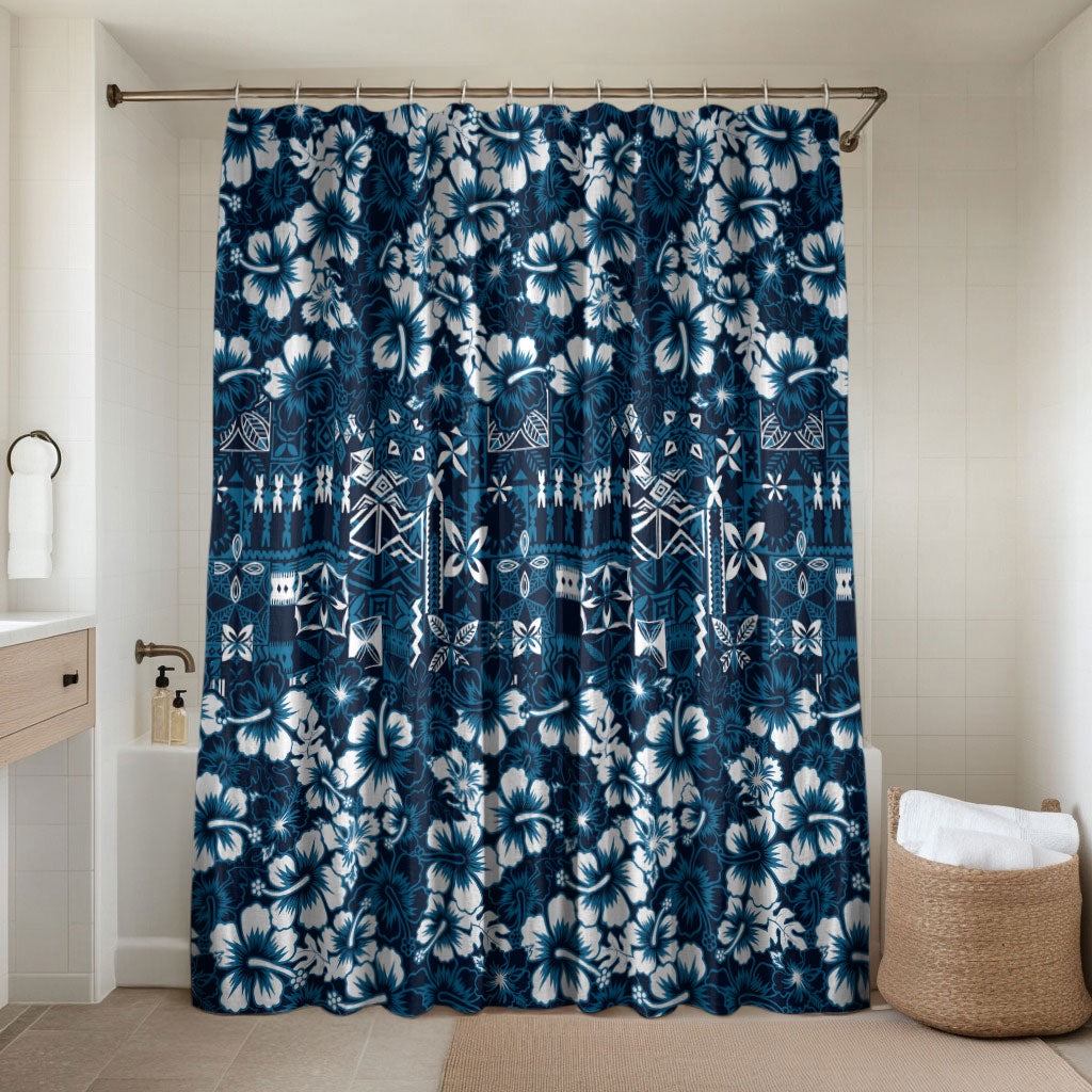 Blue Hawaiian Tapa Tribal Hibiscus Bathroom Set LT9 Shower Curtain Only Blue - Polynesian Pride