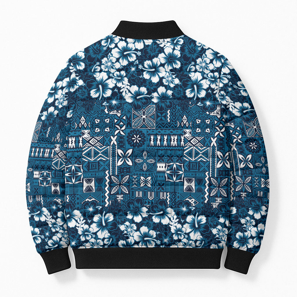 Blue Hawaiian Tapa Tribal Hibiscus Bomber Puffer Jacket LT9 - Polynesian Pride