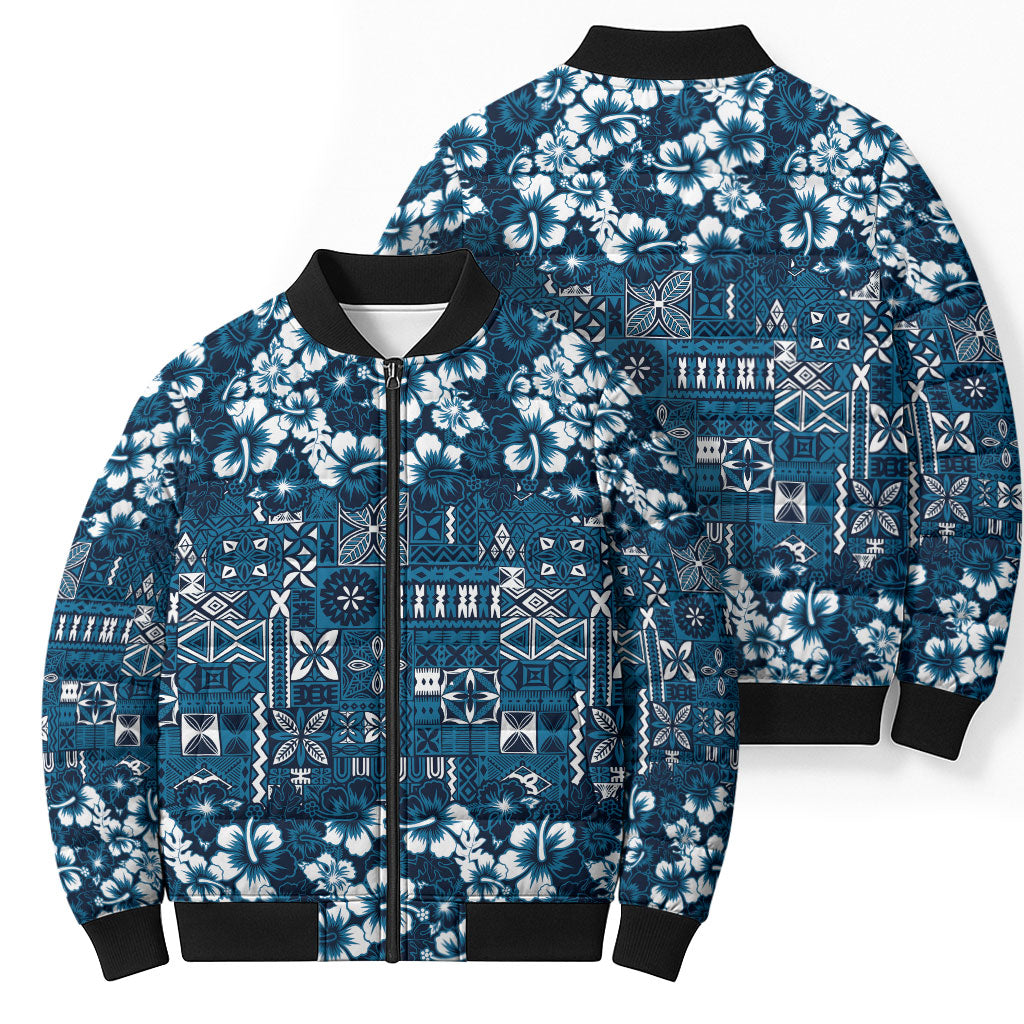 Blue Hawaiian Tapa Tribal Hibiscus Bomber Puffer Jacket LT9 - Polynesian Pride