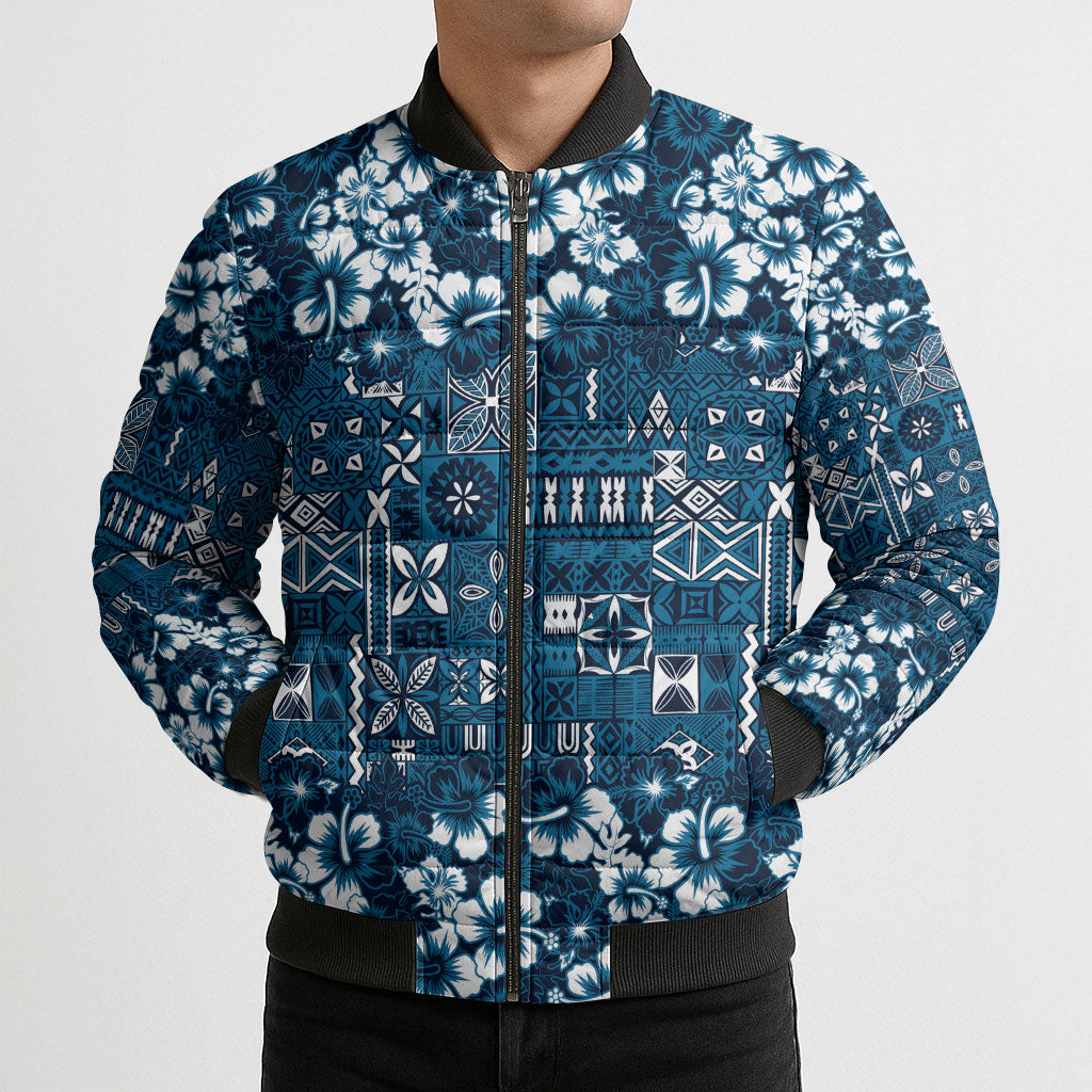 Blue Hawaiian Tapa Tribal Hibiscus Bomber Puffer Jacket LT9 - Polynesian Pride