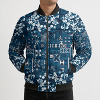 Blue Hawaiian Tapa Tribal Hibiscus Bomber Puffer Jacket LT9 - Polynesian Pride