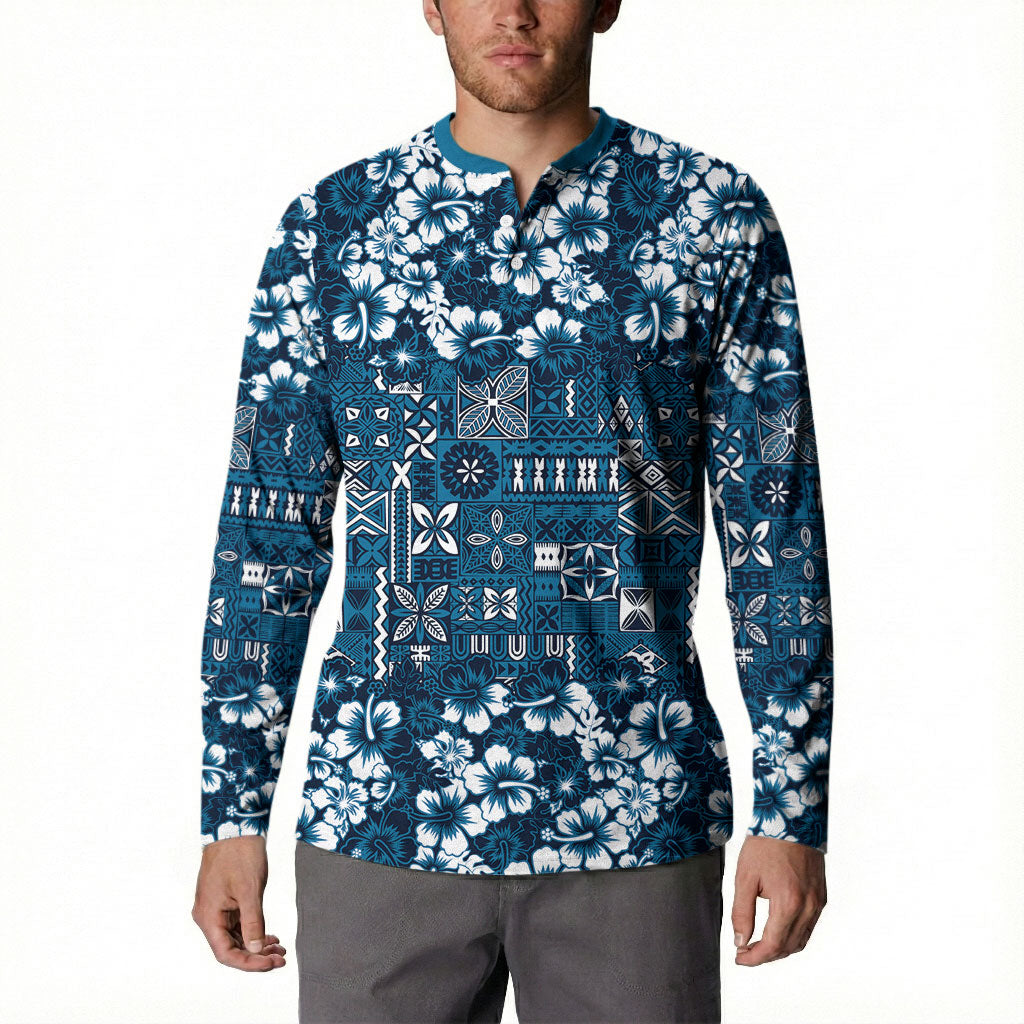 Blue Hawaiian Tapa Tribal Hibiscus Button Sweatshirt LT9 - Polynesian Pride