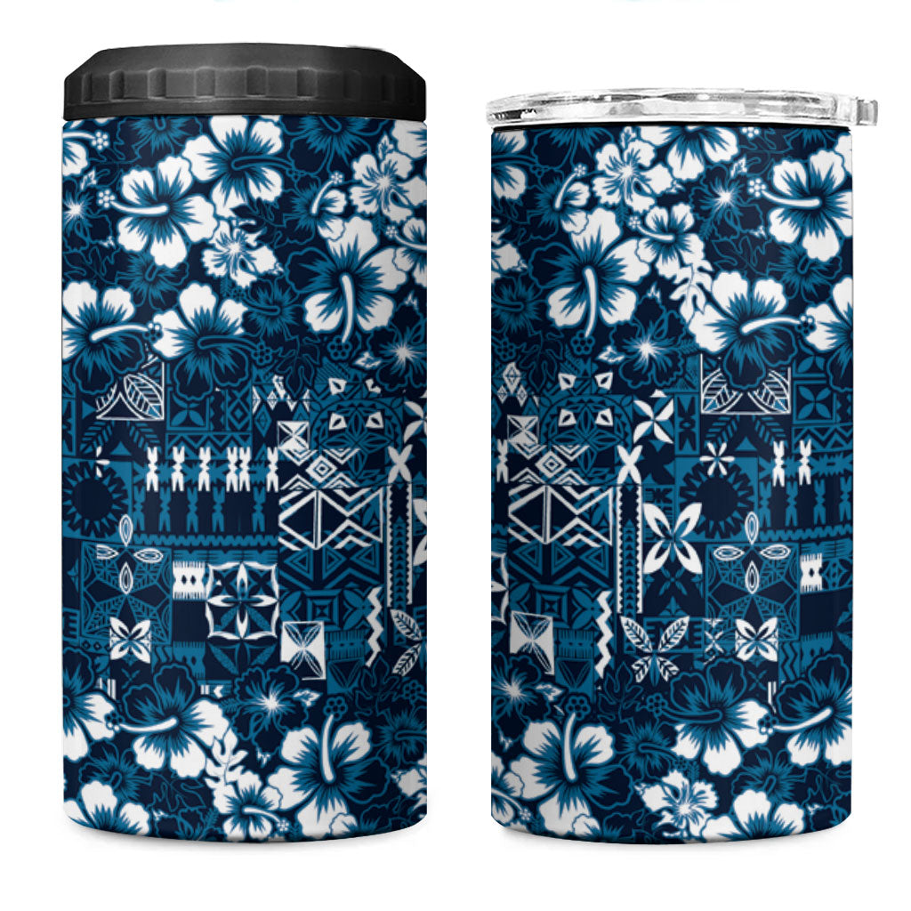 Blue Hawaiian Tapa Tribal Hibiscus 4 in 1 Can Cooler Tumbler LT9 One Size: 16 oz Blue - Polynesian Pride
