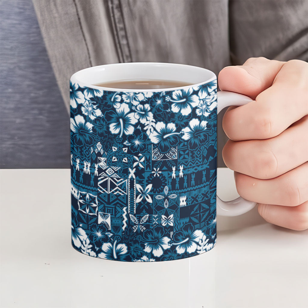 Blue Hawaiian Tapa Tribal Hibiscus Ceramic Mug LT9 - Polynesian Pride