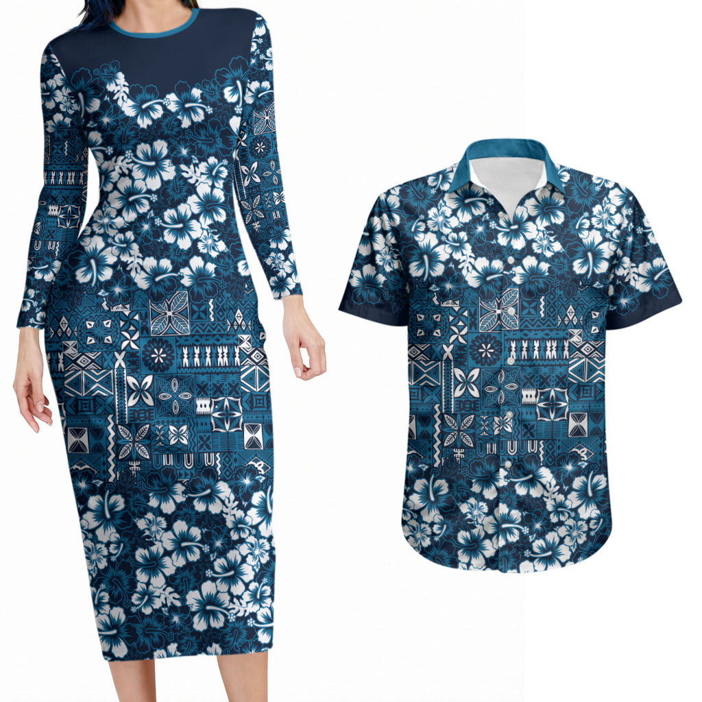 Blue Hawaiian Tapa Tribal Hibiscus Couples Matching Long Sleeve Bodycon Dress and Hawaiian Shirt LT9 Blue - Polynesian Pride
